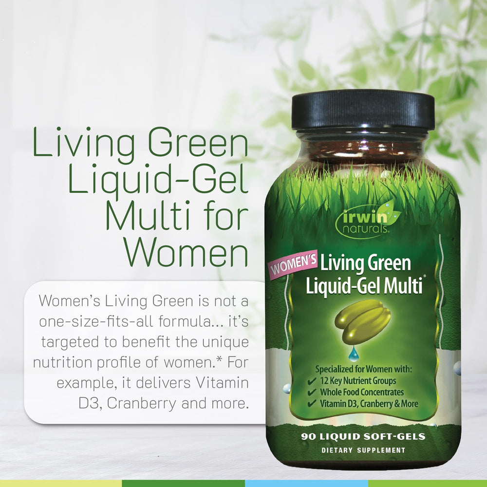 Irwin Naturals Women's Living Green bioperine-absorption closeup emphasizes enhanced nutrient uptake.