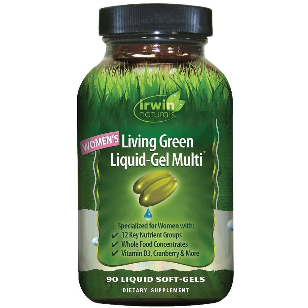 Irwin Naturals Women's Living Green liquid-gel bottle closeup showing easy-to-swallow soft-gels for daily energy.