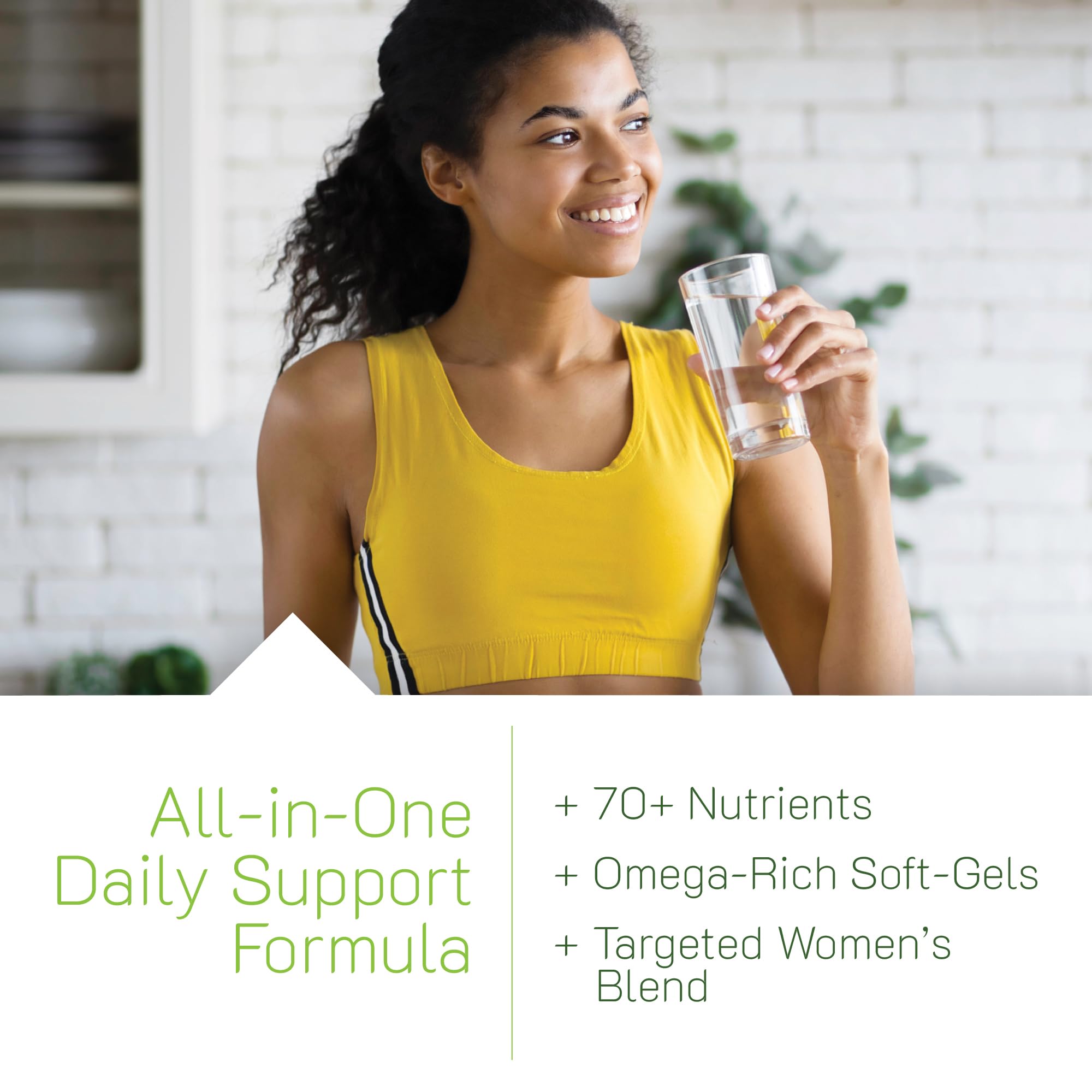 Irwin Naturals Women's Living Green with omega oils highlights skin support and overall vitality.