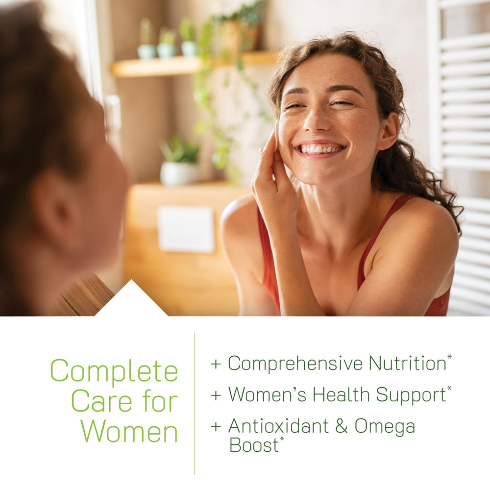 Irwin Naturals Women's Living Green image shows spirulina and chlorella greens for natural energy.