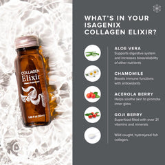 Isagenix Collagen Elixir label close-up highlighting marine peptides and vitamins.