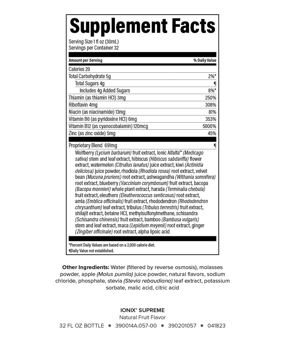 Close-up of Isagenix Ionix Supreme label highlighting B vitamins for balanced energy.