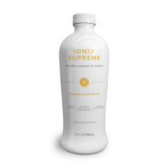 Isagenix Ionix Supreme bottle front showing natural fruit flavor for daily energy support.