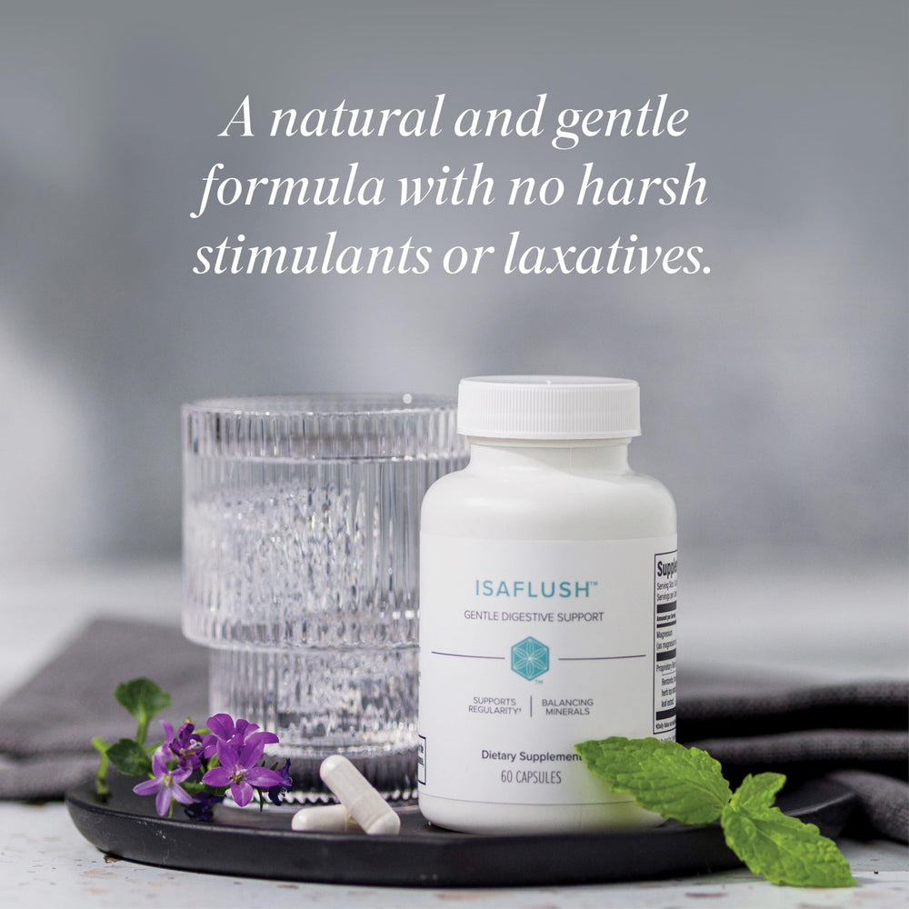 Isagenix IsaFlush bottle pour illustrating a simple bedtime routine.