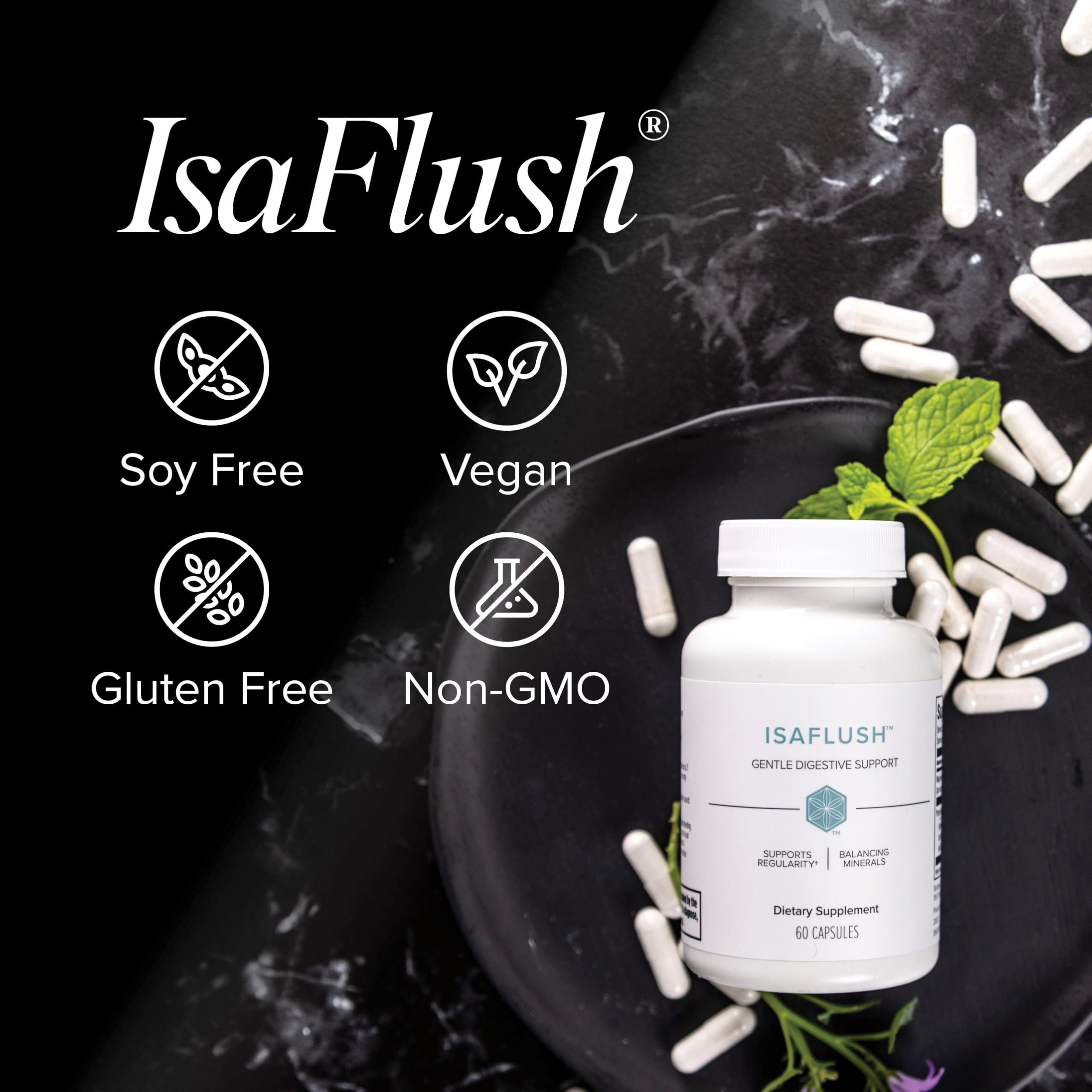 Isagenix IsaFlush nightstand setup suggesting nightly gut comfort.