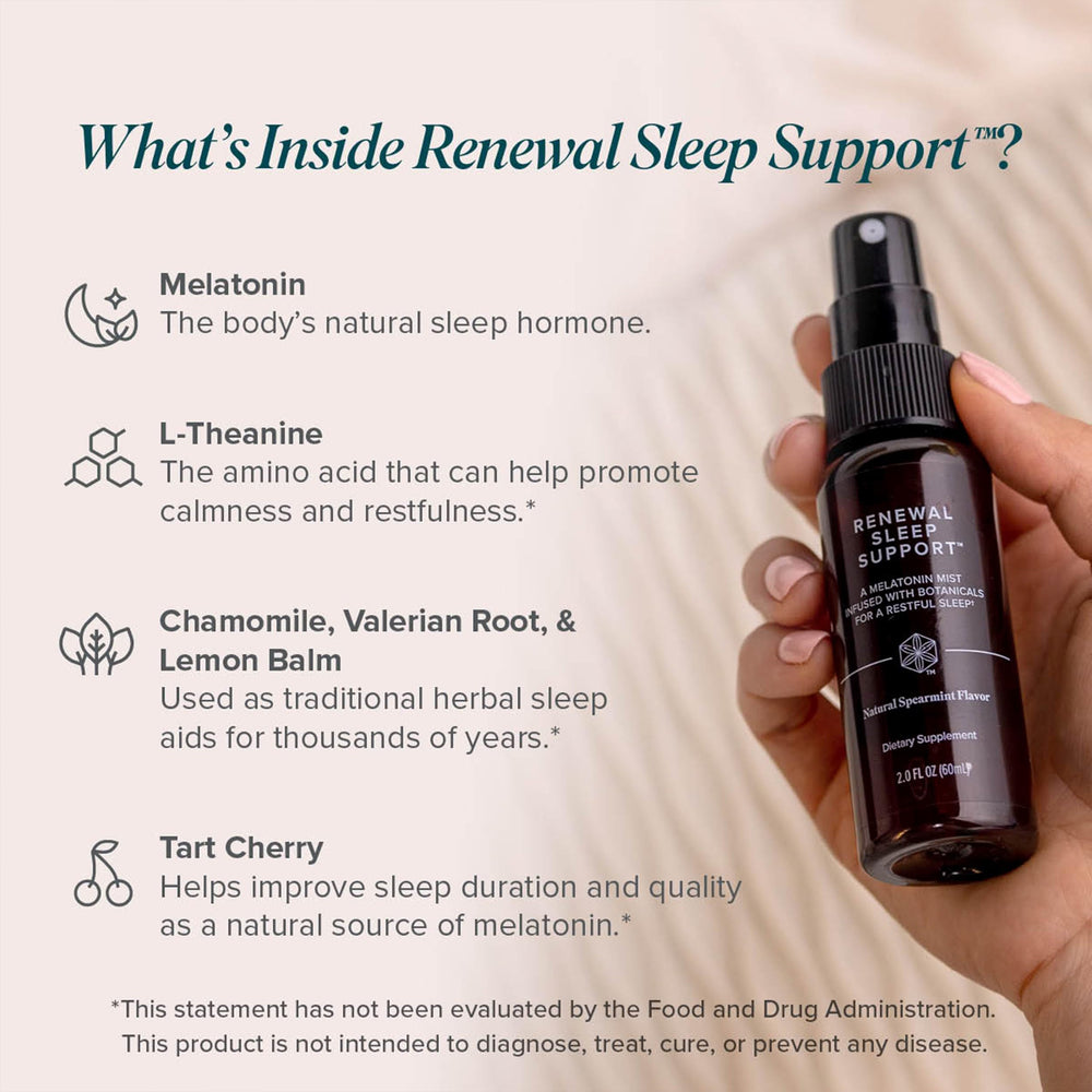Isagenix Renewal Sleep Support under-tongue spray in use beside nightstand.