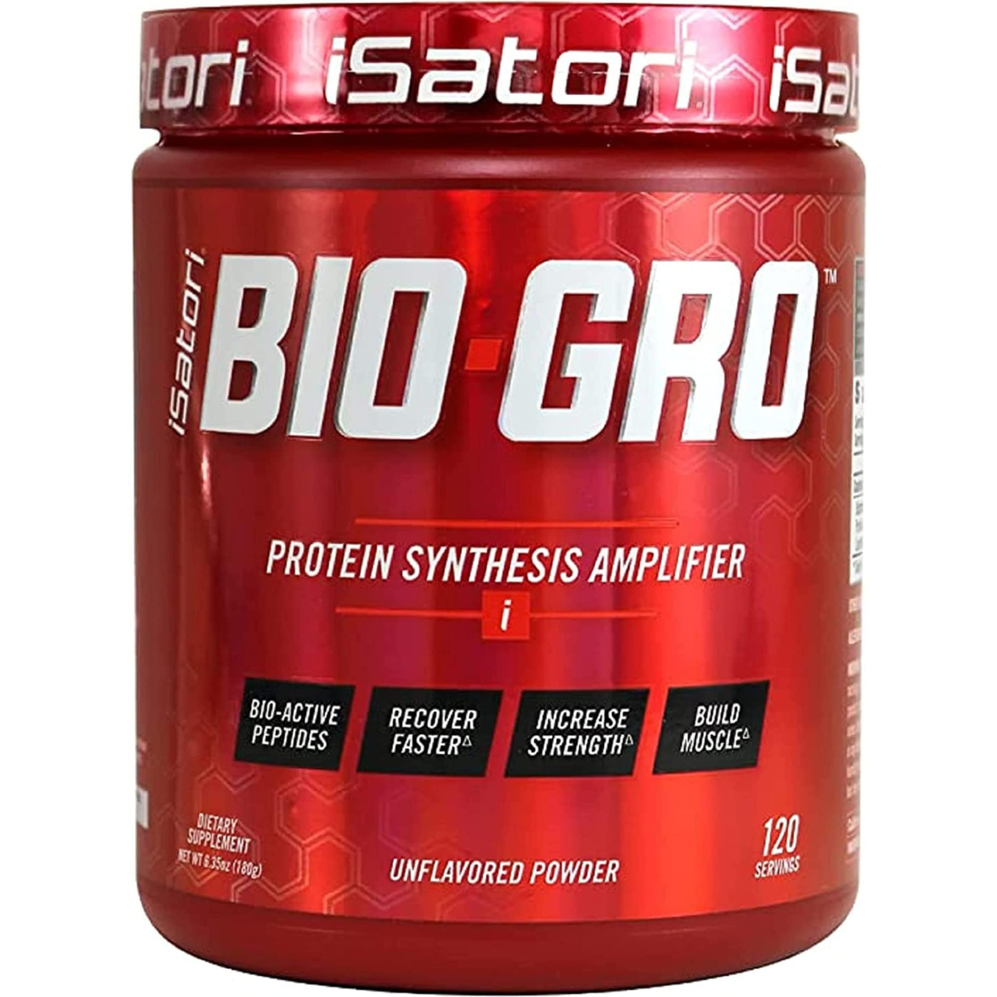 Isatori BIO-GRO bottle front view highlighting a clean, unflavored formula for lean muscle support.