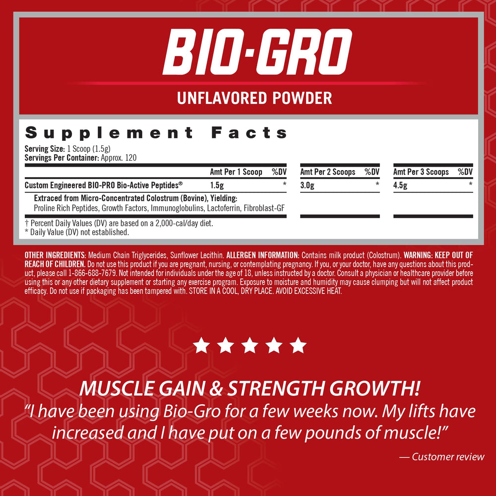 Isatori BIO-GRO label close-up showing bio-active peptides for muscle growth.