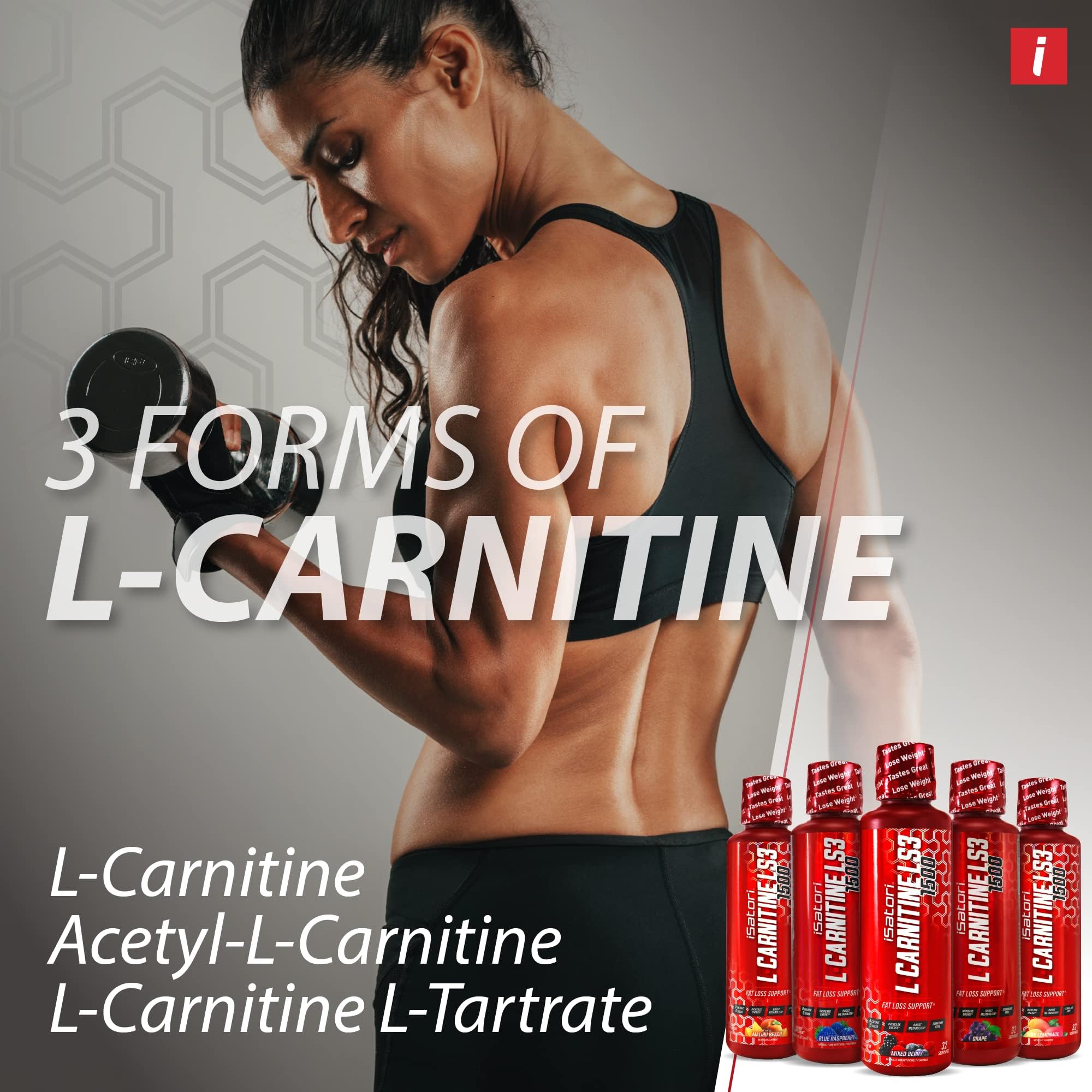 isatori L-Carnitine LS3 bottle with pour for pre-workout boost.