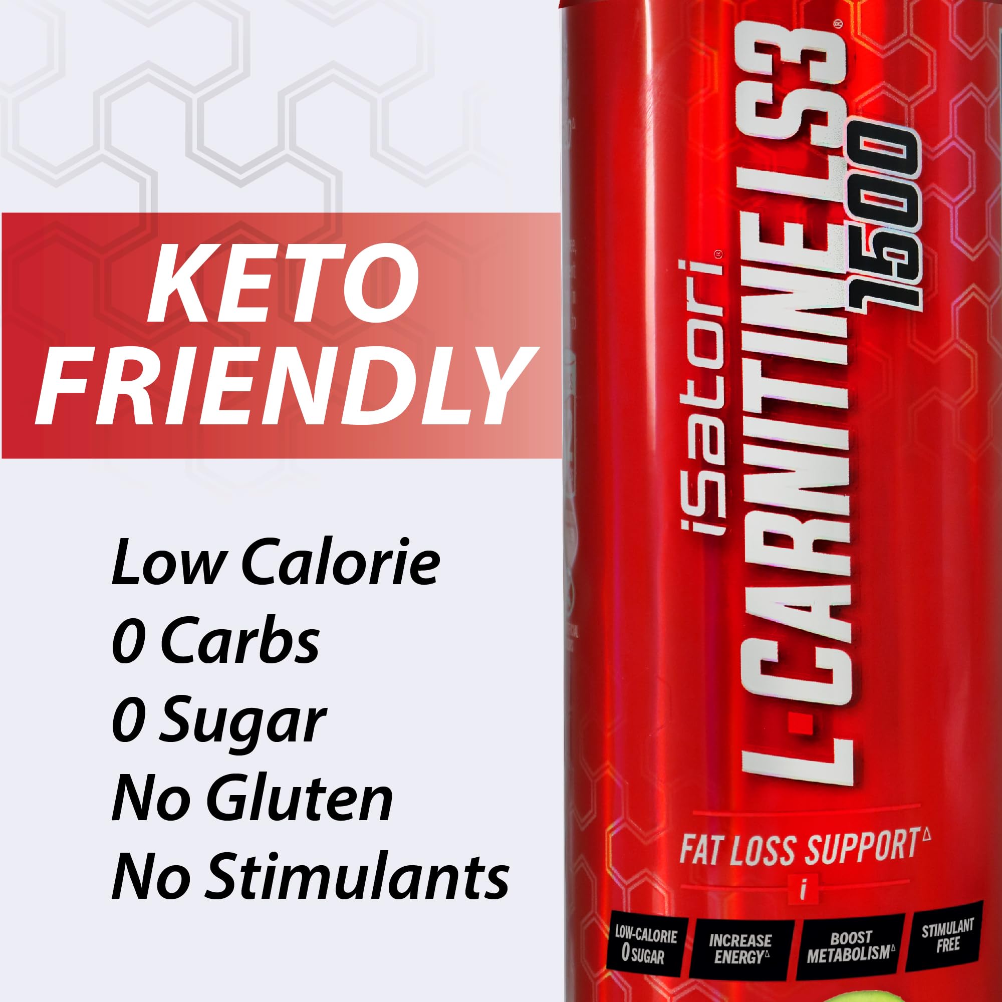iSatori L-Carnitine LS3 grape flavor glass showcasing sugar-free, keto-friendly formula.