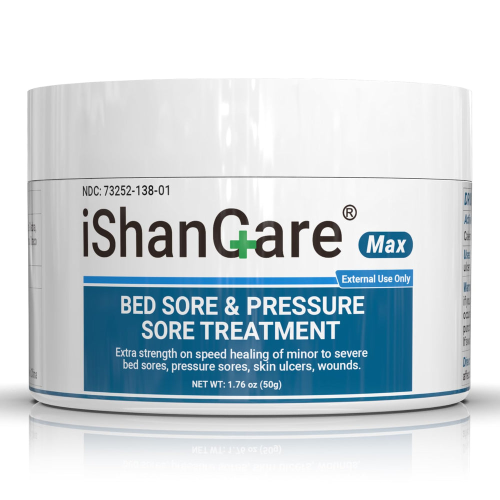 ishancare Bed Sore Cream jar close-up showing creamy texture for gentle healing