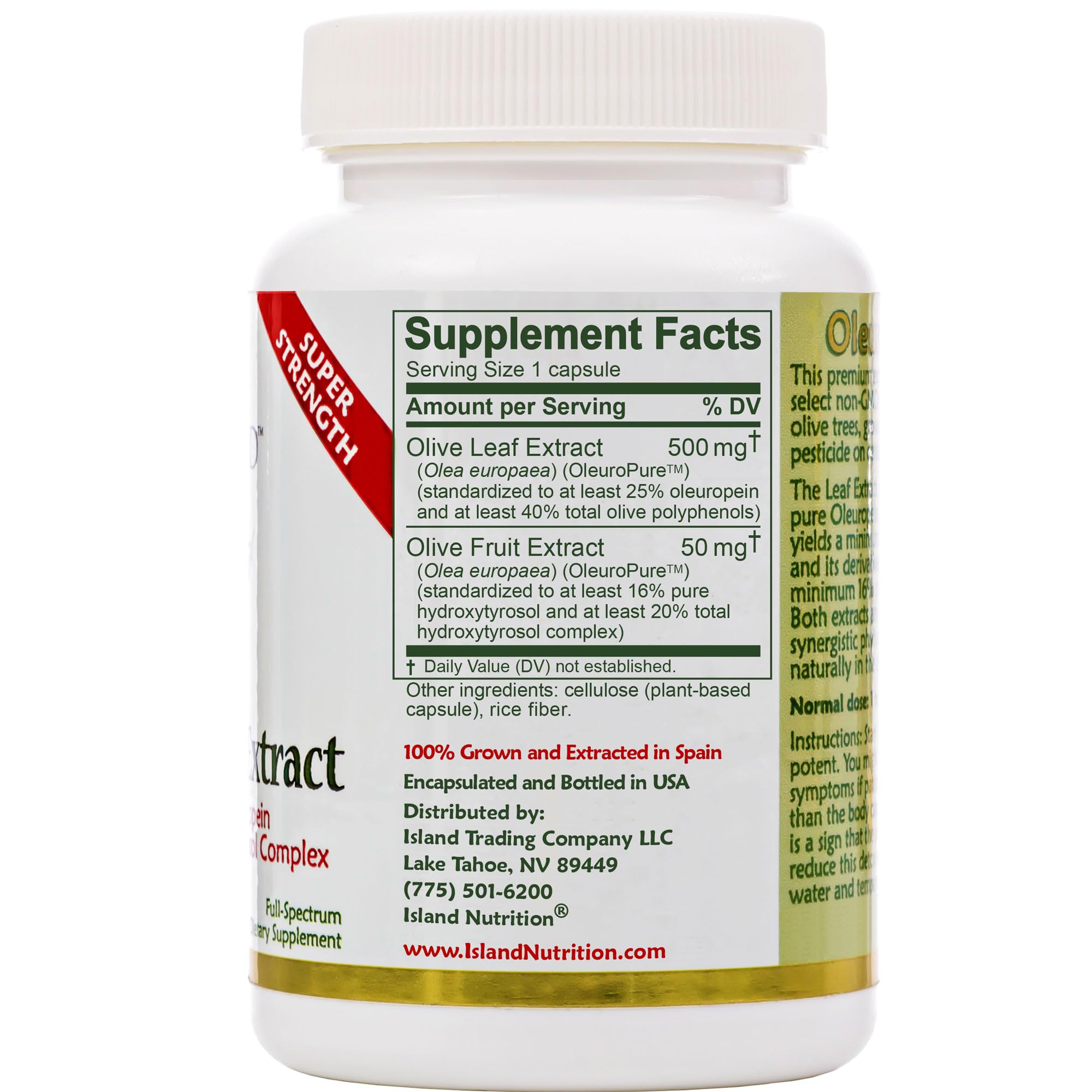 Island Nutrition olive leaf extract label close-up highlighting 25% oleuropein and 40% polyphenols