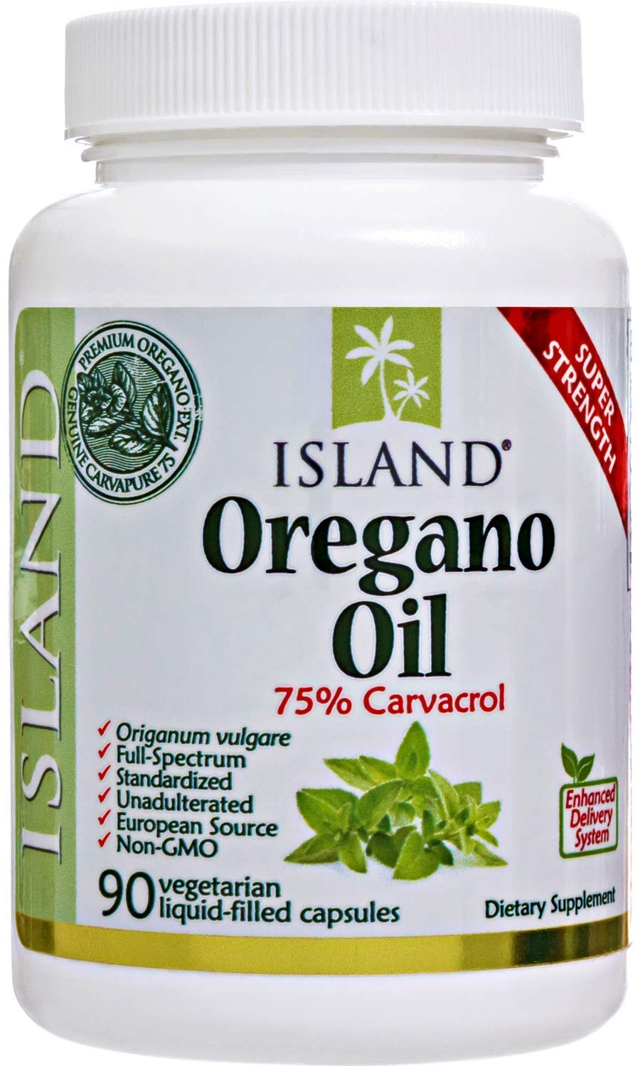 Island Nutrition oregano oil capsules label shows organic ingredients and Spain-grown origin