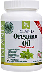 Island Nutrition oregano oil capsules label shows organic ingredients and Spain-grown origin