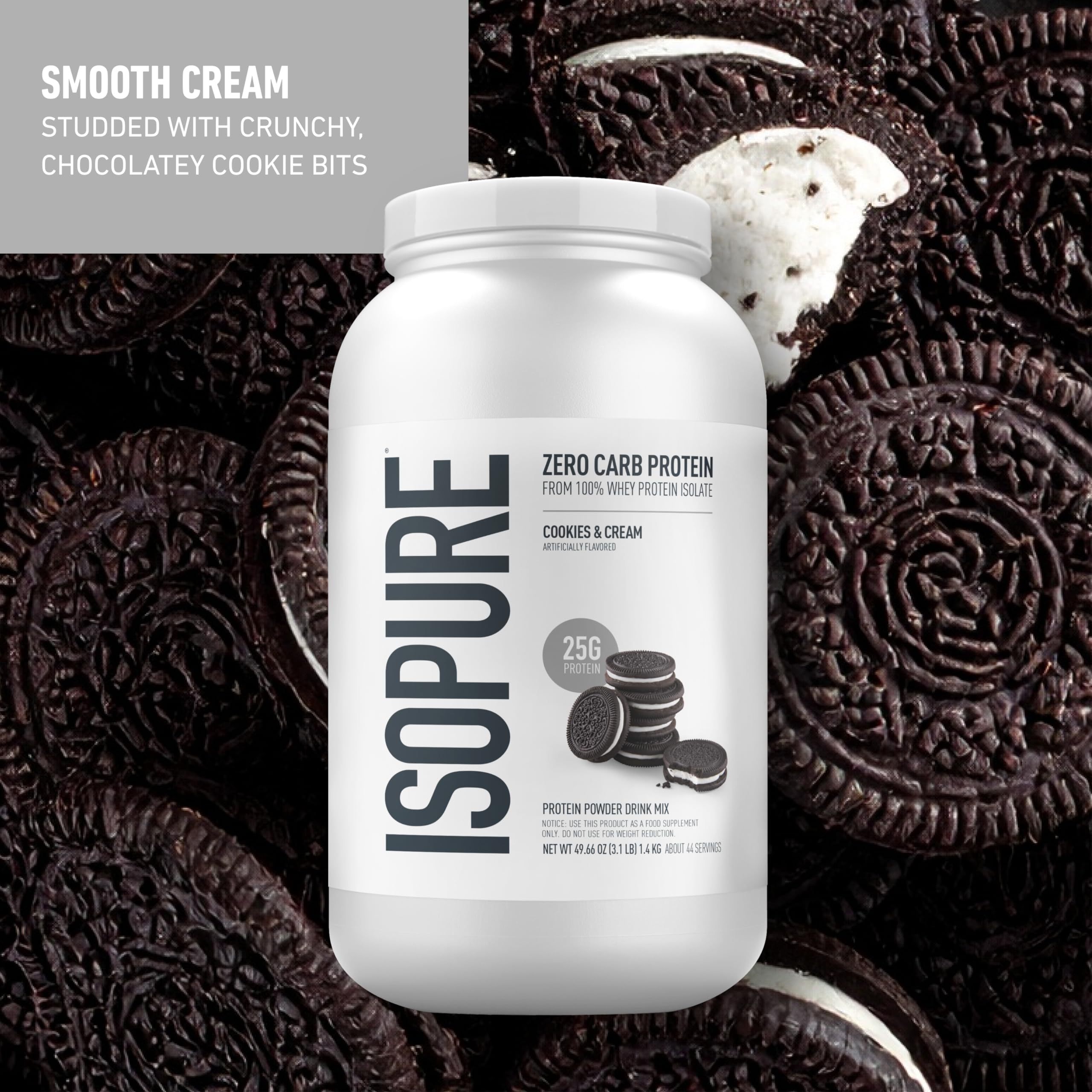 Isopure 3 lb container with nutrition label showing zero sugar and gluten-free protein