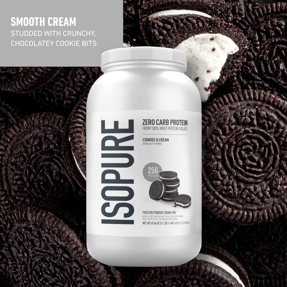 Isopure 3 lb container with nutrition label showing zero sugar and gluten-free protein