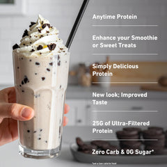 Isopure cookies & cream powder being mixed in a shaker for a quick smoothie
