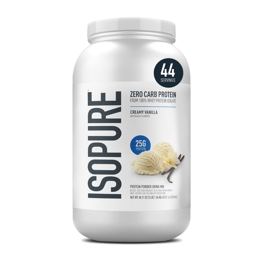 Isopure Creamy Vanilla bottle pour shows zero carb, high-protein option.