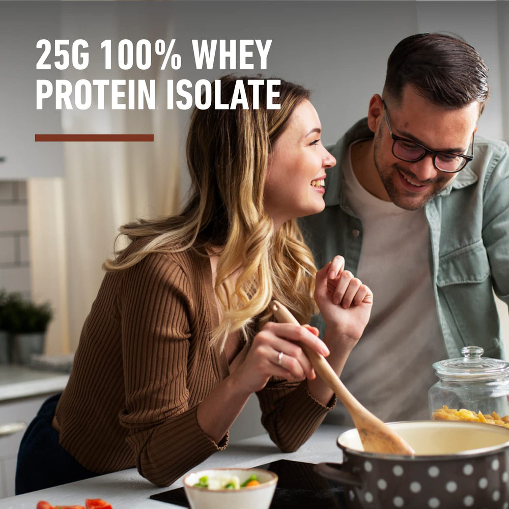 Isopure Dutch Chocolate nutrition panel emphasizing vitamins and zero sugar content.