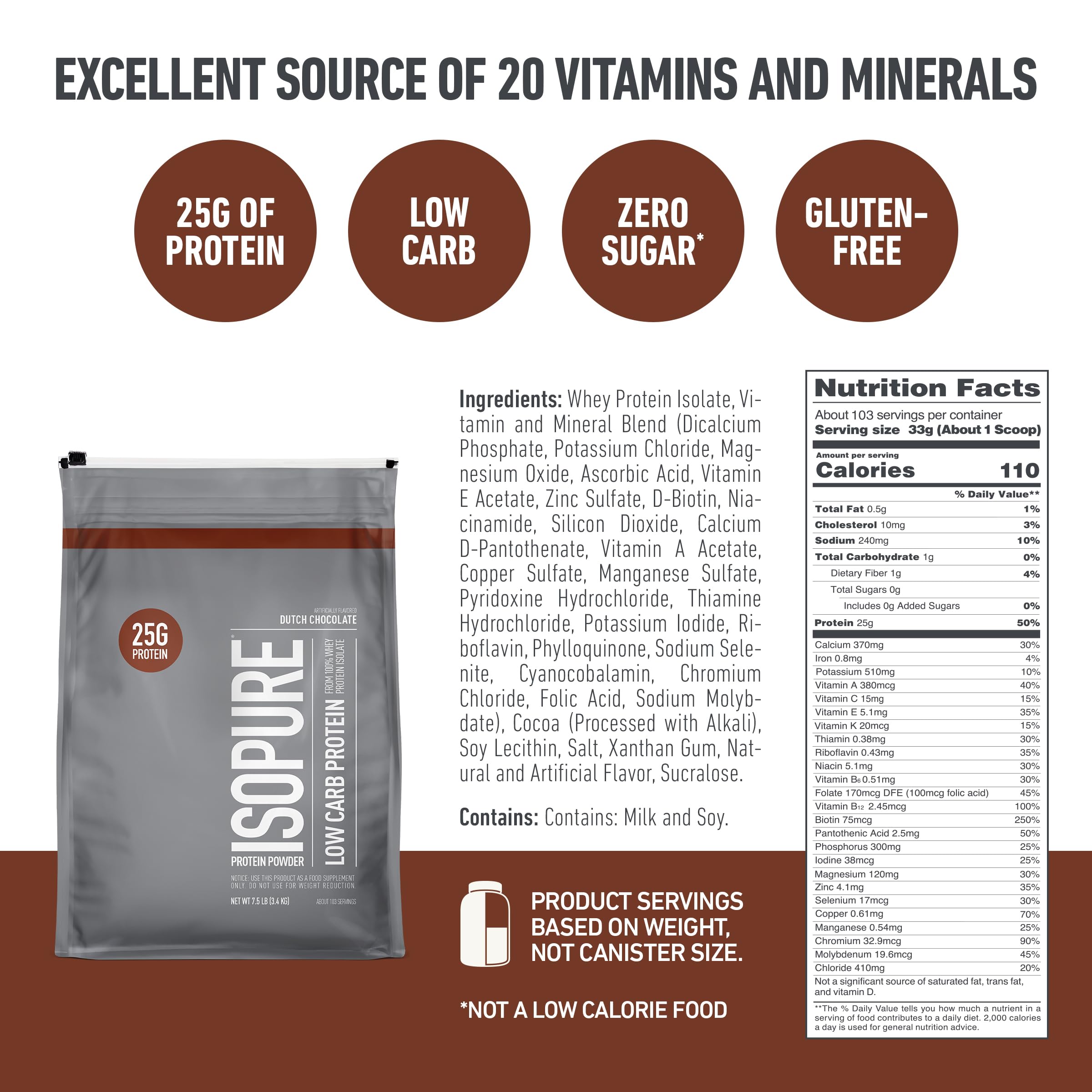 Isopure Dutch Chocolate whey isolate scoop highlighting convenient serving portions.