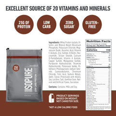 Isopure Dutch Chocolate whey isolate scoop highlighting convenient serving portions.