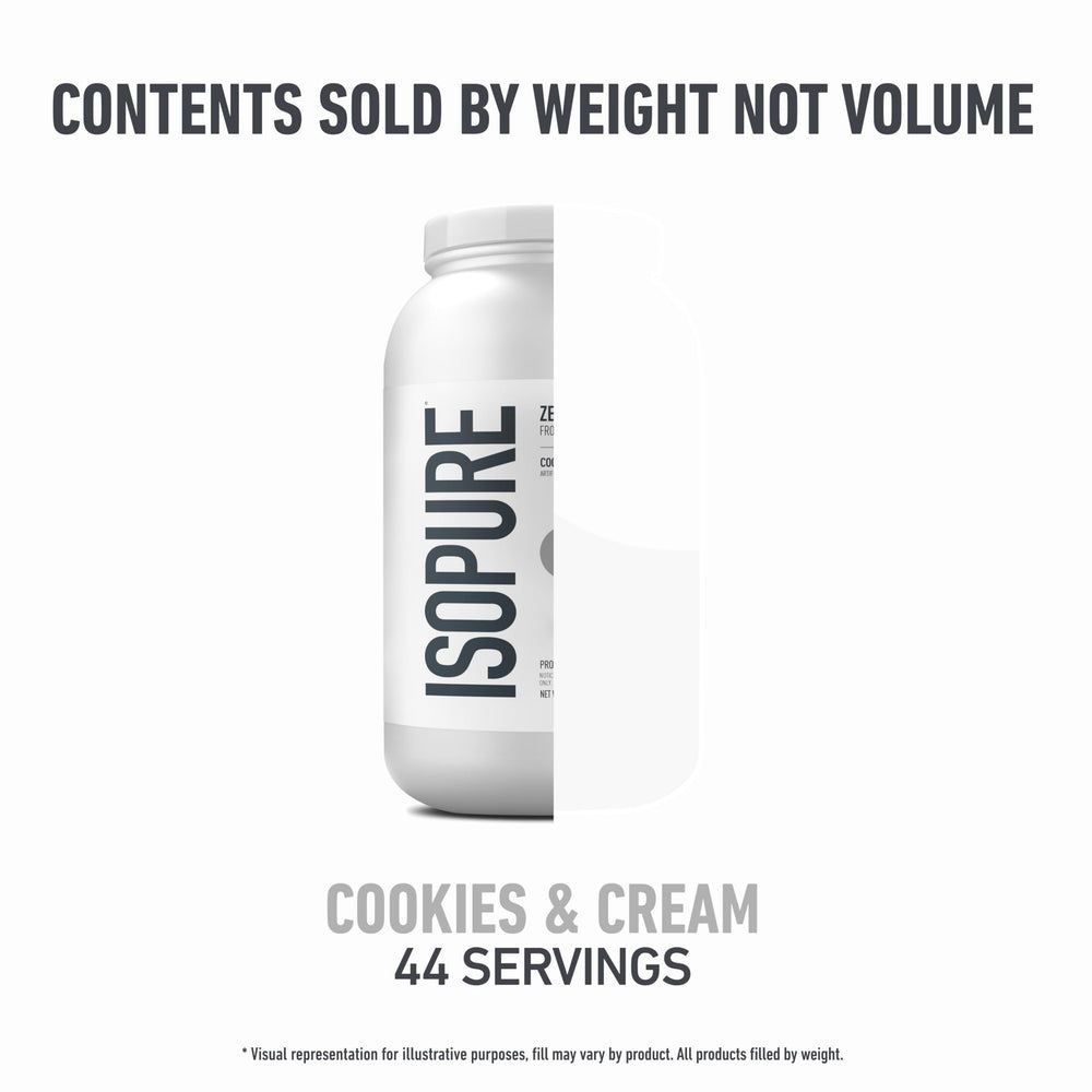 Isopure cookies & cream powder on a kitchen counter beside oats