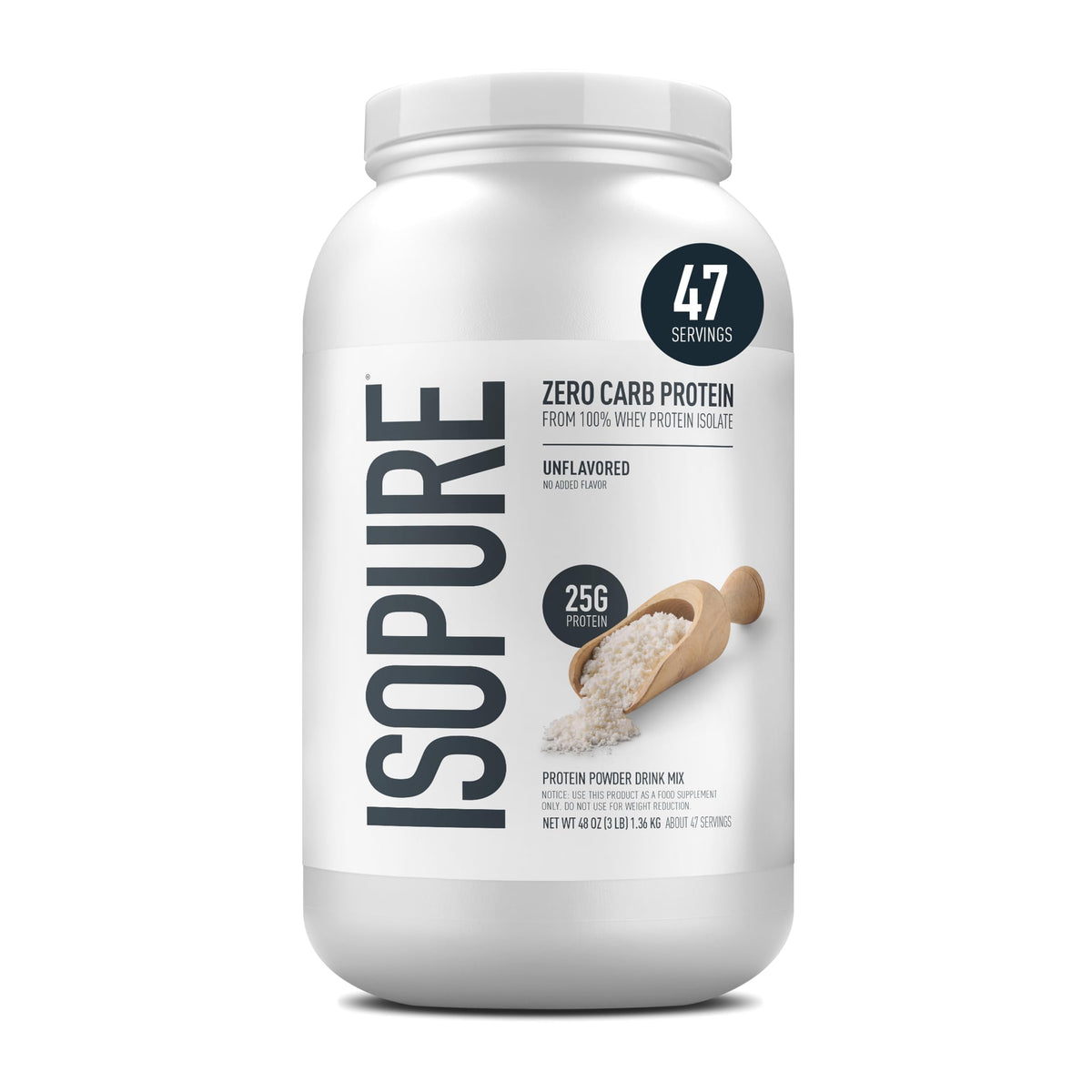 Isopure unflavored whey isolate bottle for versatile recipe use.