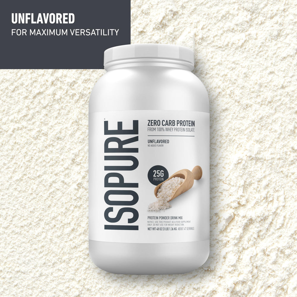 Isopure whey isolate scoop shows 25 g protein per serving.