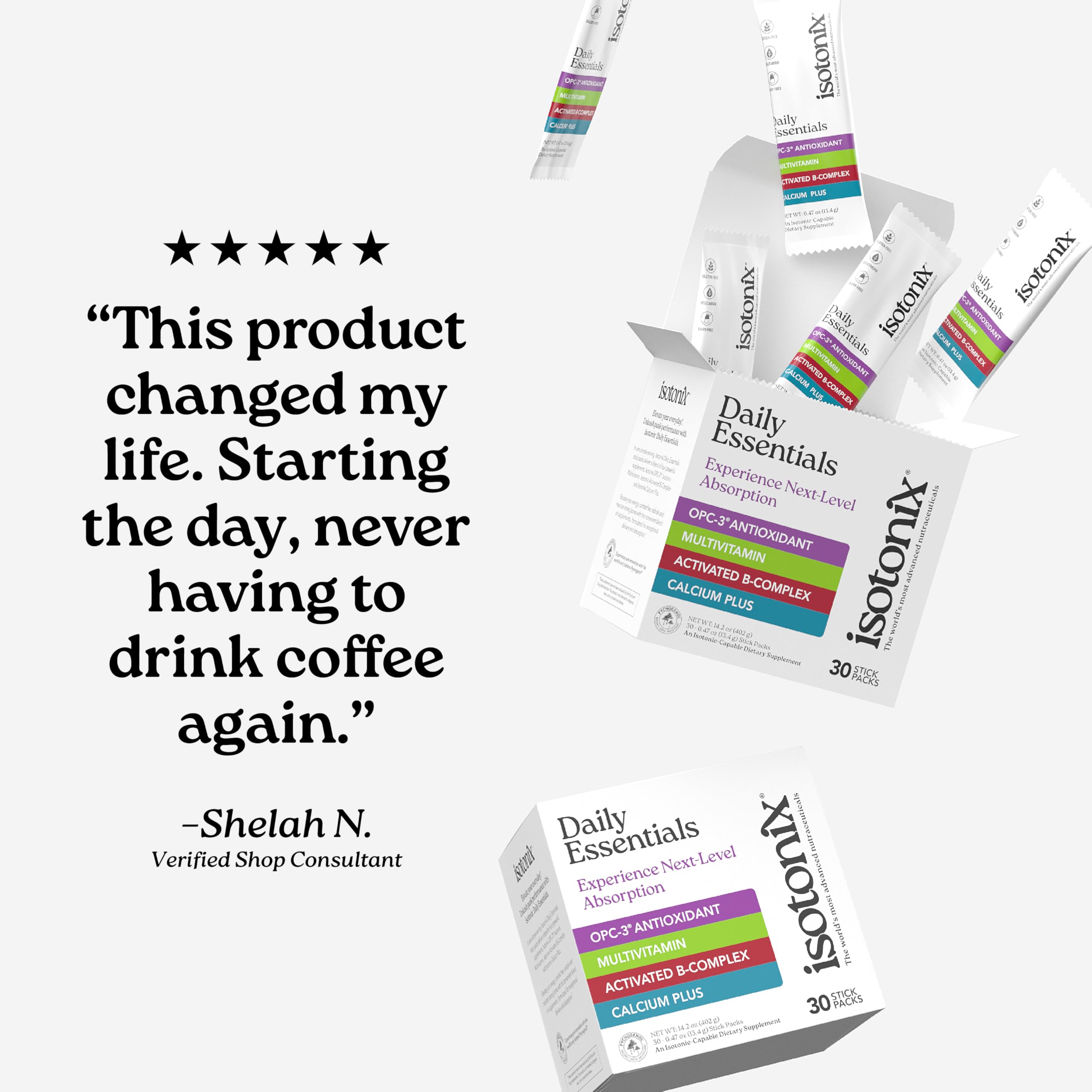 Isotonix Daily Essentials bottle beside glass for on-the-go routine.