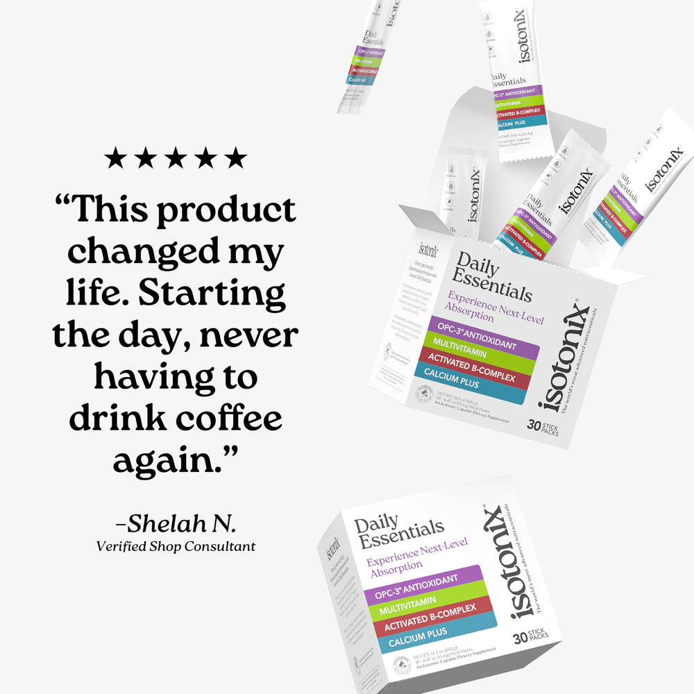 Isotonix Daily Essentials bottle beside glass for on-the-go routine.