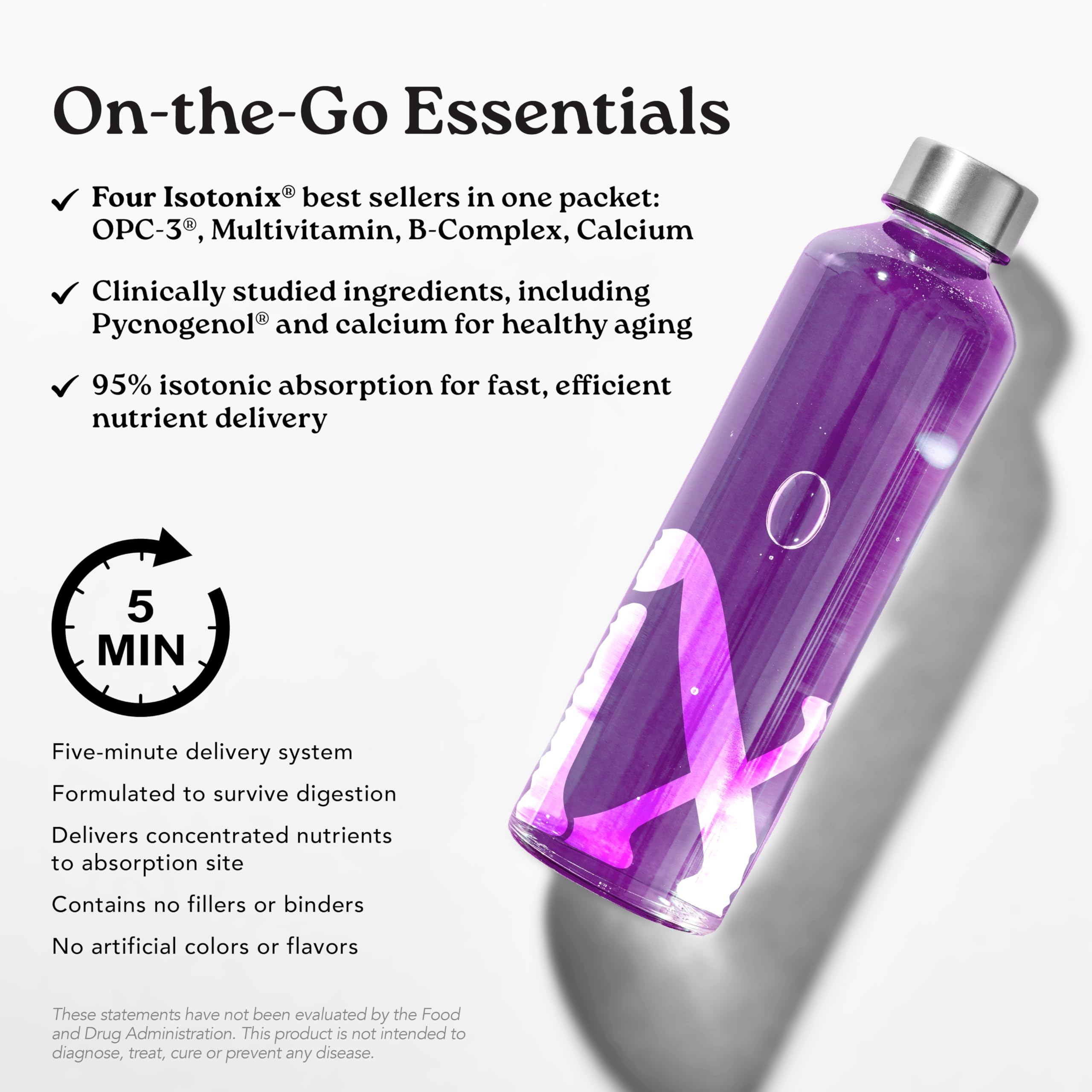 Isotonix Daily Essentials label closeup highlighting 4-in-1 formula and Pycnogenol.