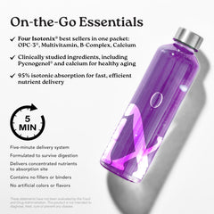 Isotonix Daily Essentials label closeup highlighting 4-in-1 formula and Pycnogenol.