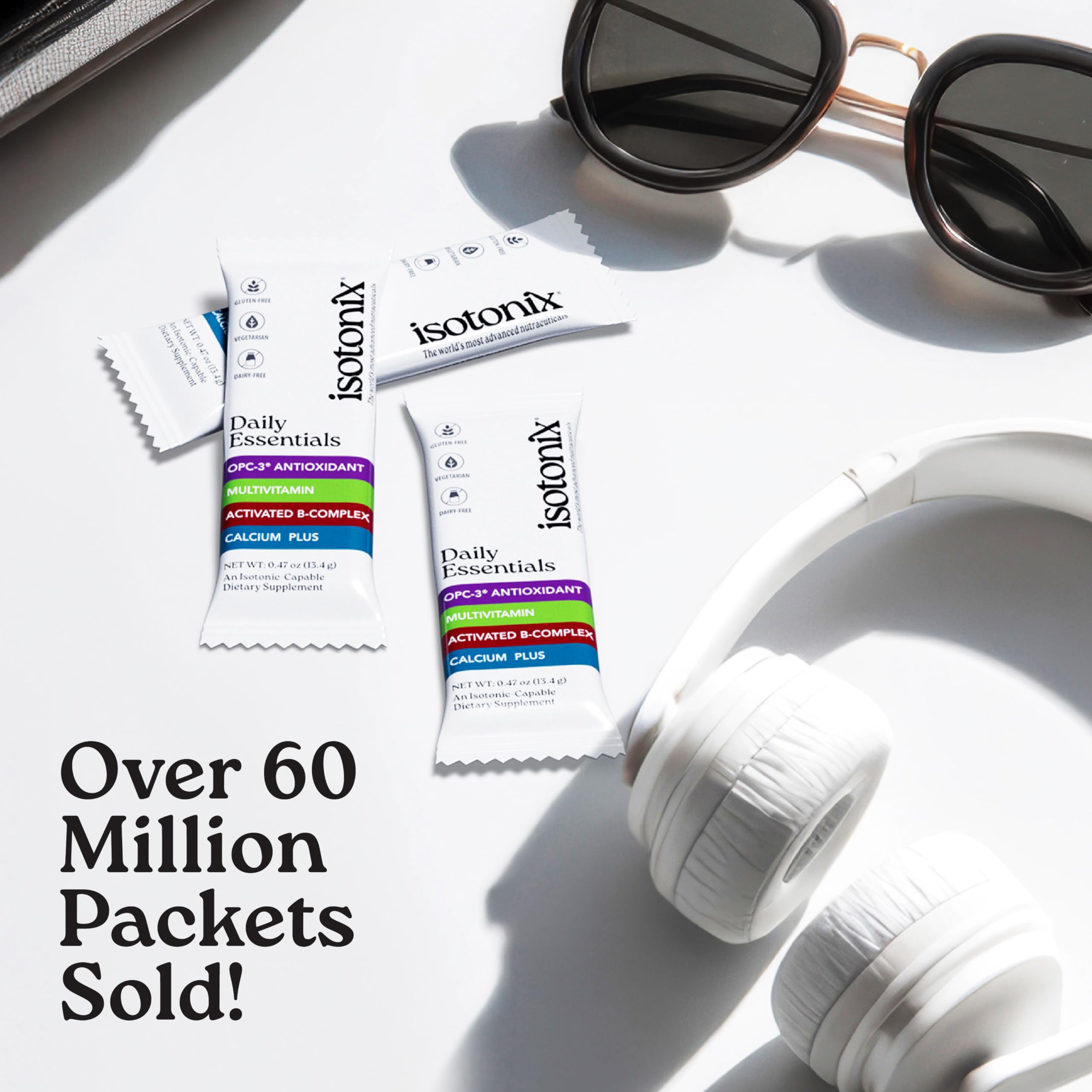 Isotonix Daily Essentials packet being poured into water for fast absorption.