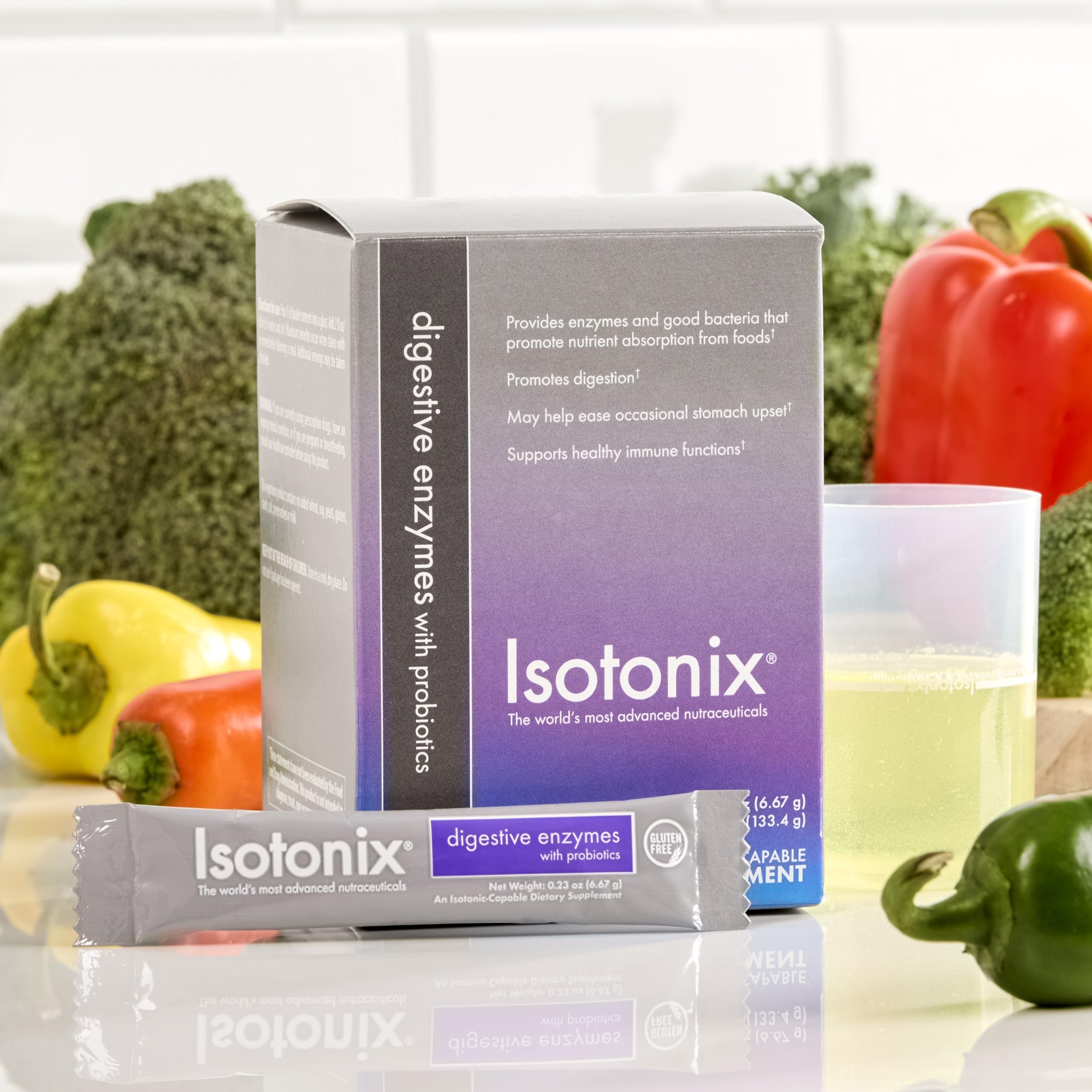 Isotonix DigeZyme with Bacillus coagulans promotes gut balance after meals.