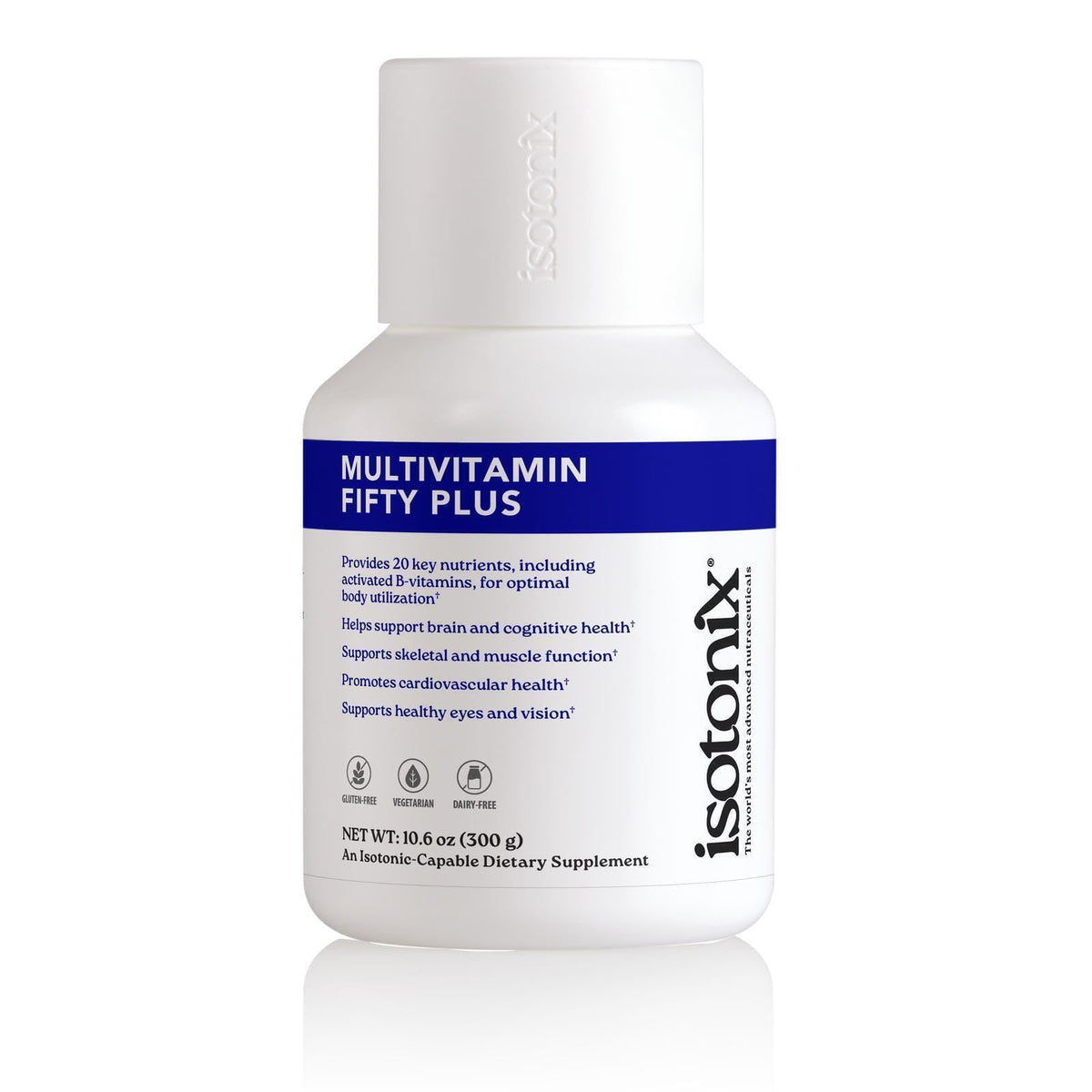 Isotonix Multivitamin Fifty Plus bottle closeup supports daily wellness for adults 50+