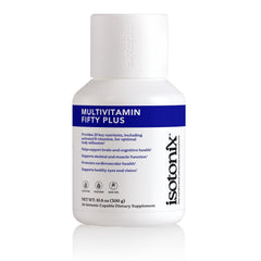 Isotonix Multivitamin Fifty Plus bottle closeup supports daily wellness for adults 50+
