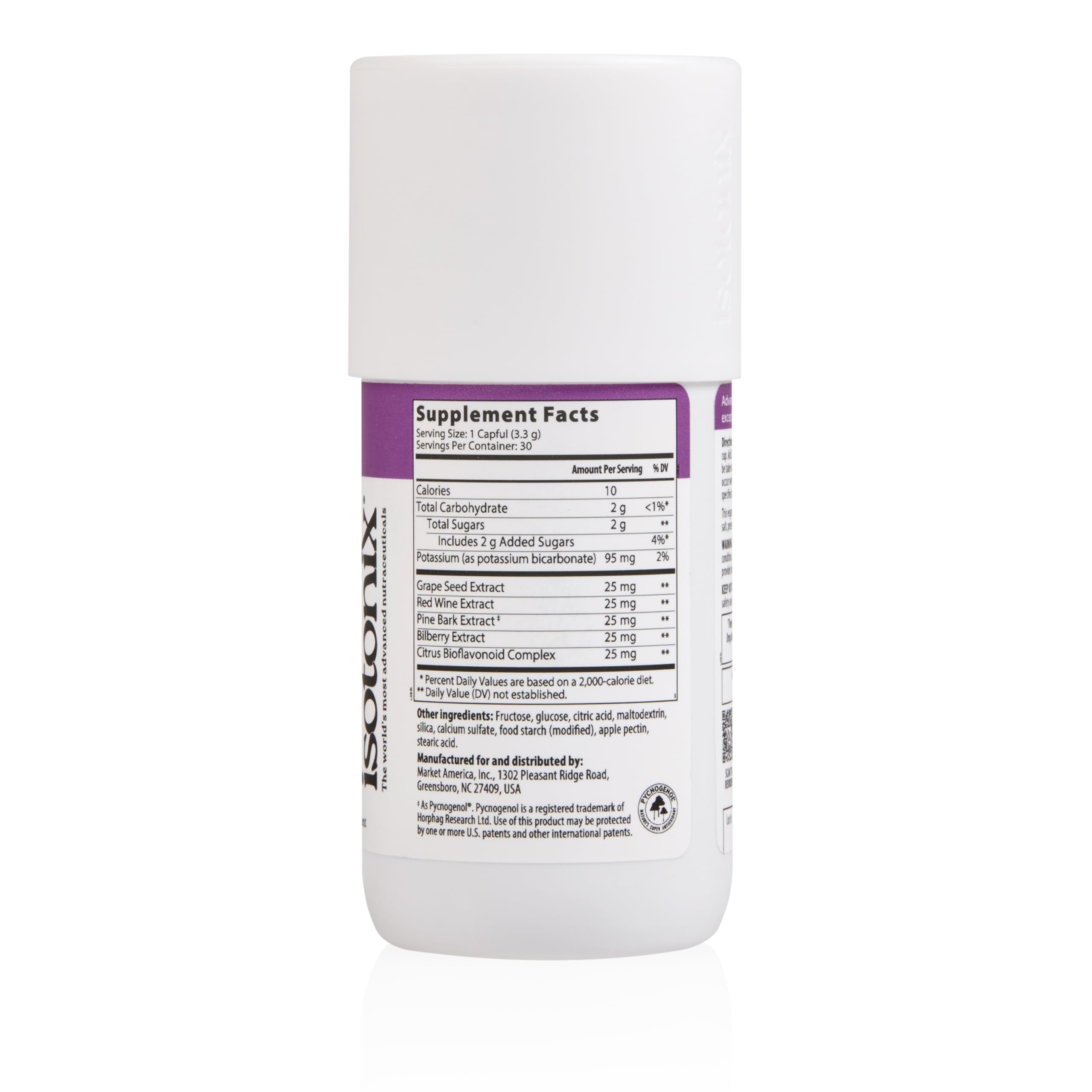 Isotonix OPC-3 ingredients label detailing Pycnogenol and grape seed extracts