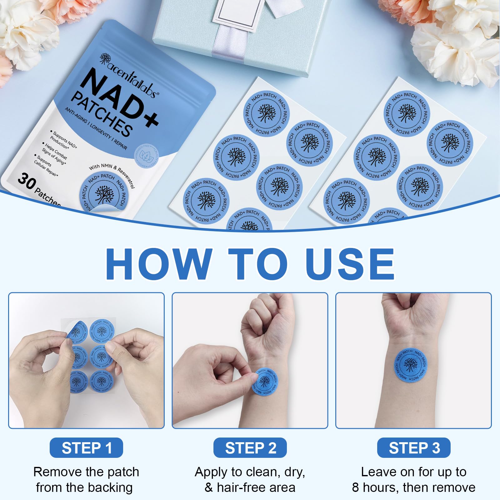 Close-up of patch releasing nutrients through skin for NAD+ support.
