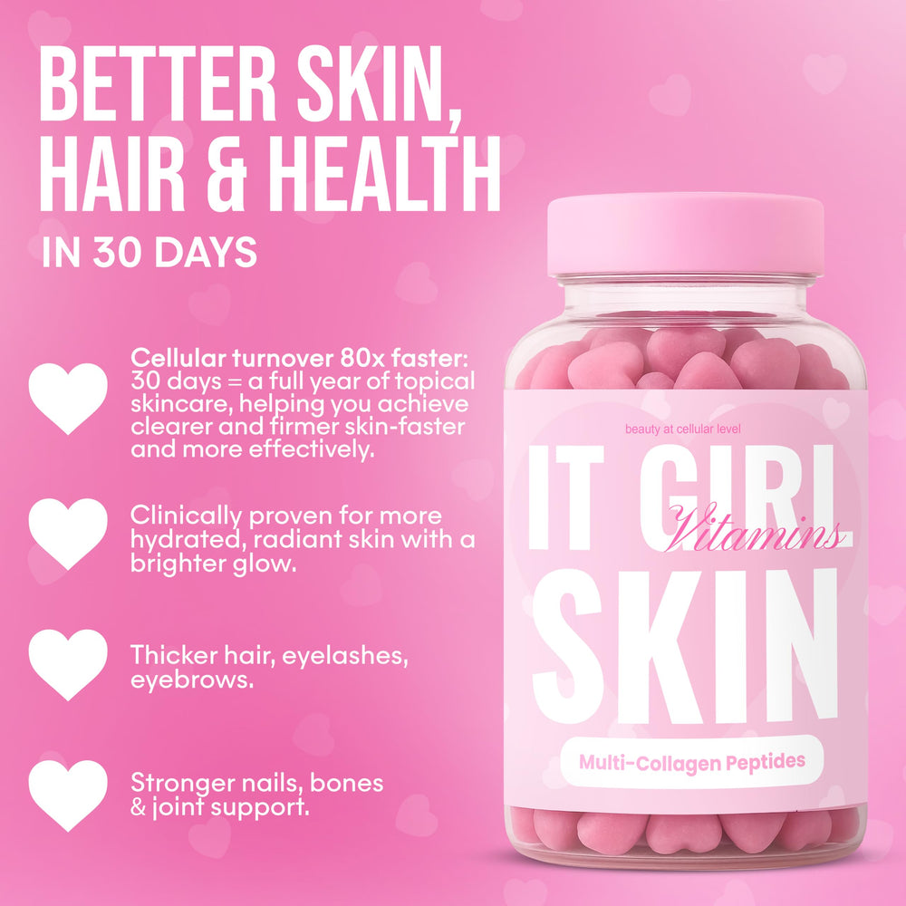 It Girl Vitamins Skin Gummies daily dose with water for effortless beauty