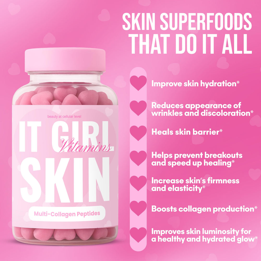 It Girl Vitamins Skin Gummies closeup shows strawberry flavor and nutrition