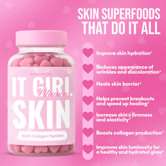 It Girl Vitamins Skin Gummies closeup shows strawberry flavor and nutrition