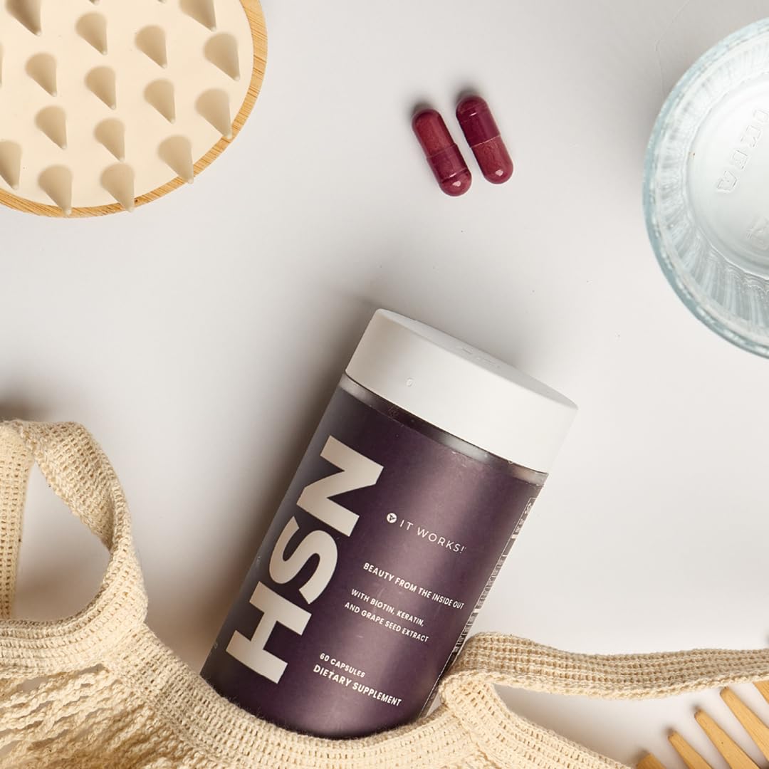 It Works! HSN packaging on display emphasizing nourishing formula for hair, skin, nails