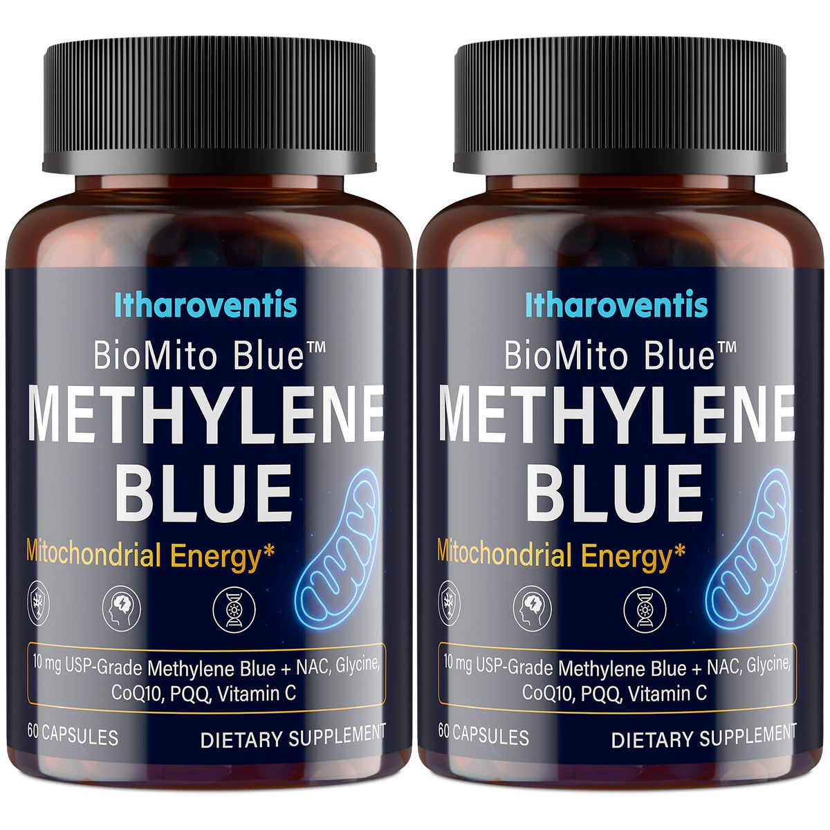 Itharoventis Methylene Blue capsules bottle front showing quality and daily focus support