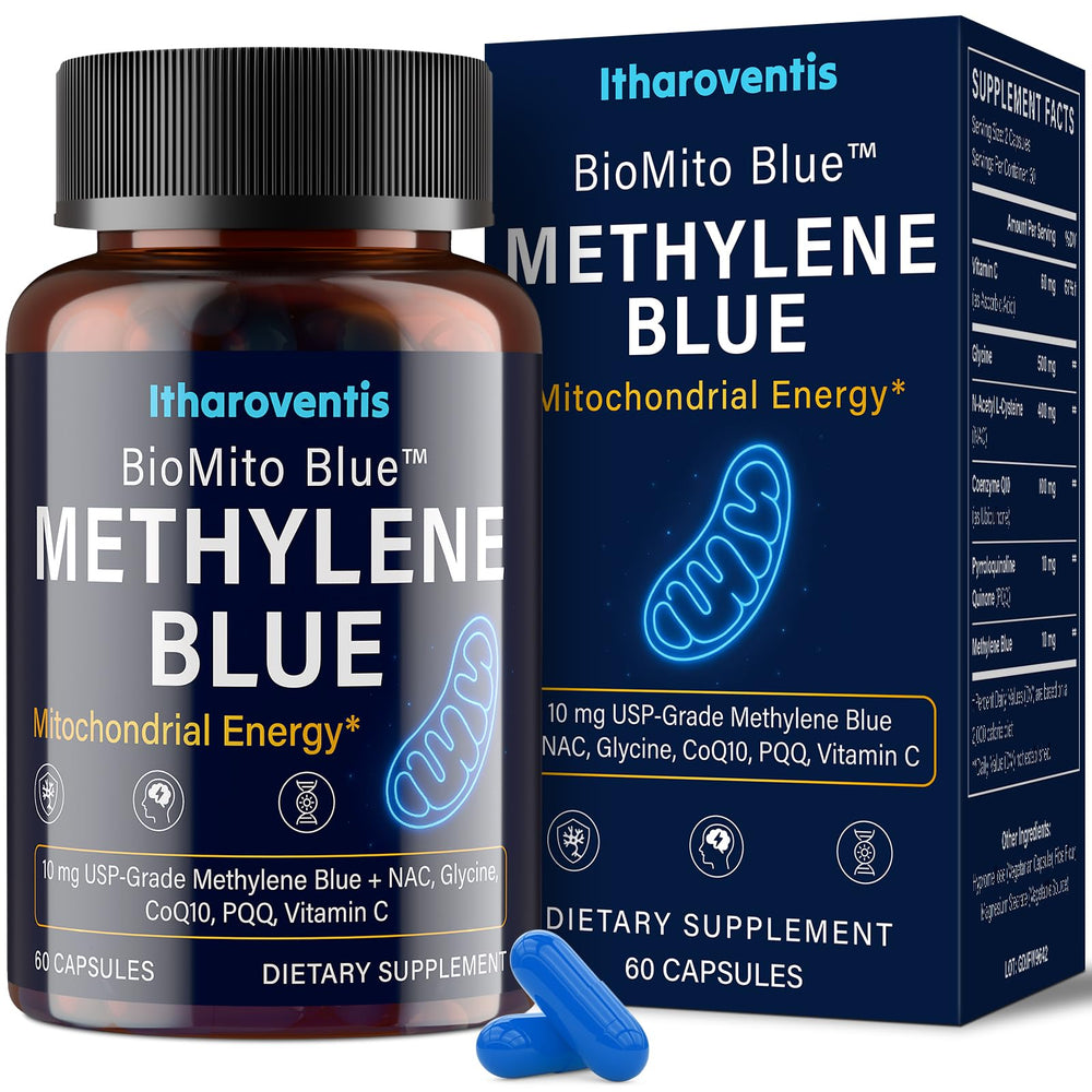 Itharoventis Methylene Blue capsules on bottle front, signaling a clean, pharmaceutical-grade formula.