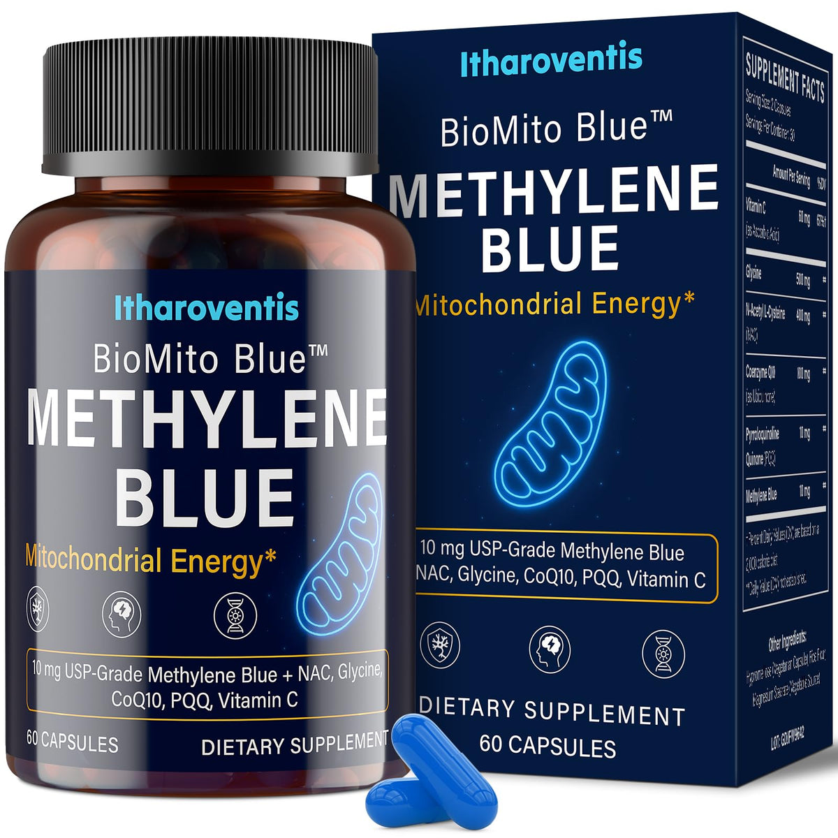 Itharoventis Methylene Blue capsules on bottle front, signaling a clean, pharmaceutical-grade formula.