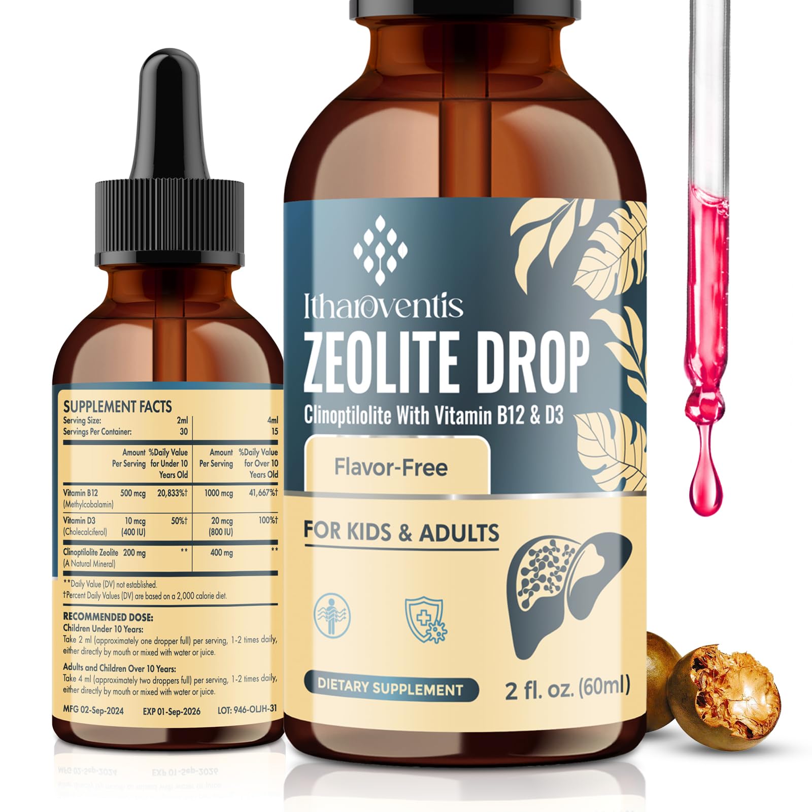 Itharoventis Zeolite Drops bottle front for easy daily use and kid-friendly nutrition.