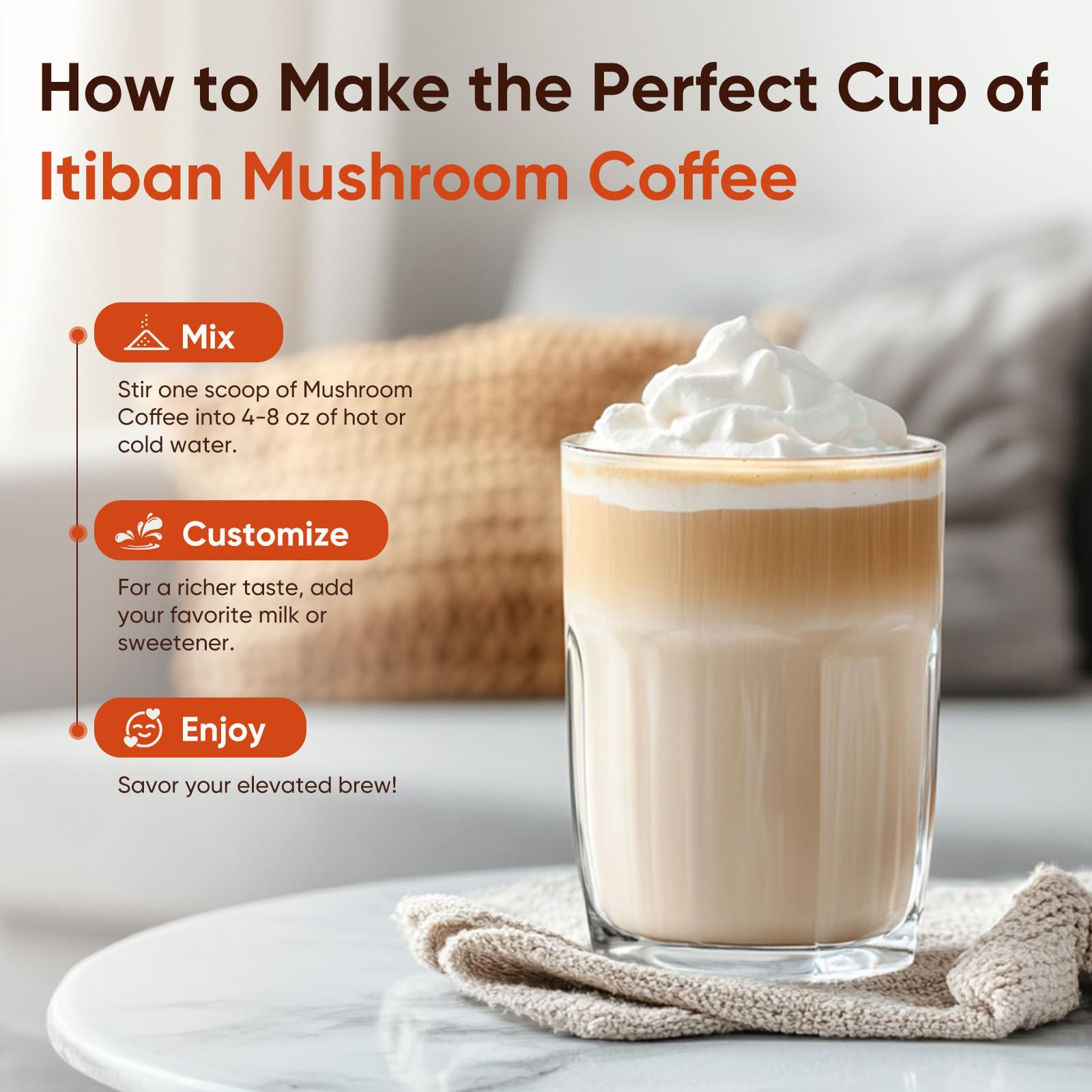 Itiban Mushroom Coffee provides gentle energy without jitters for steady focus.