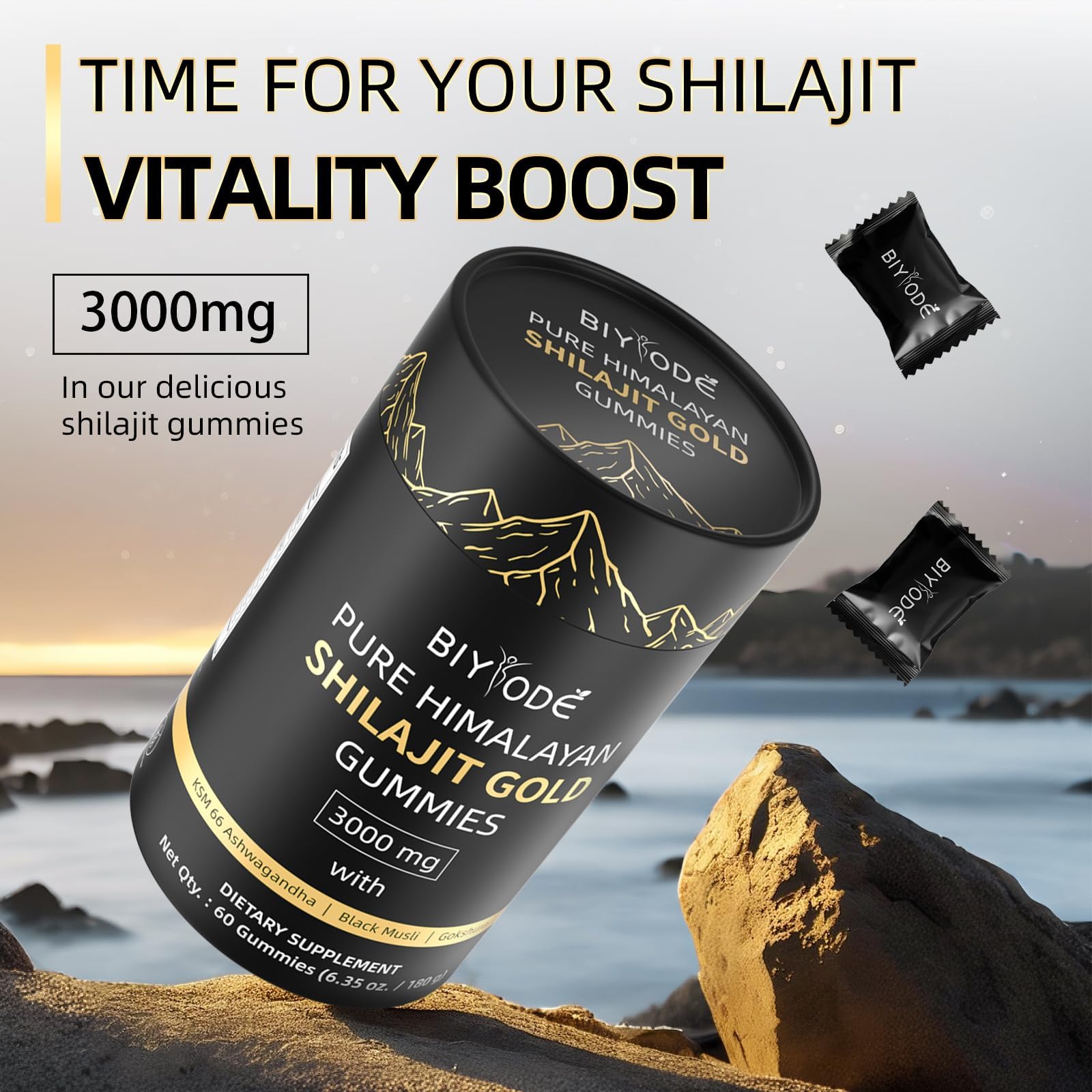 Itiban Shilajit Gummies gold-brown texture—full of fulvic acid and minerals.