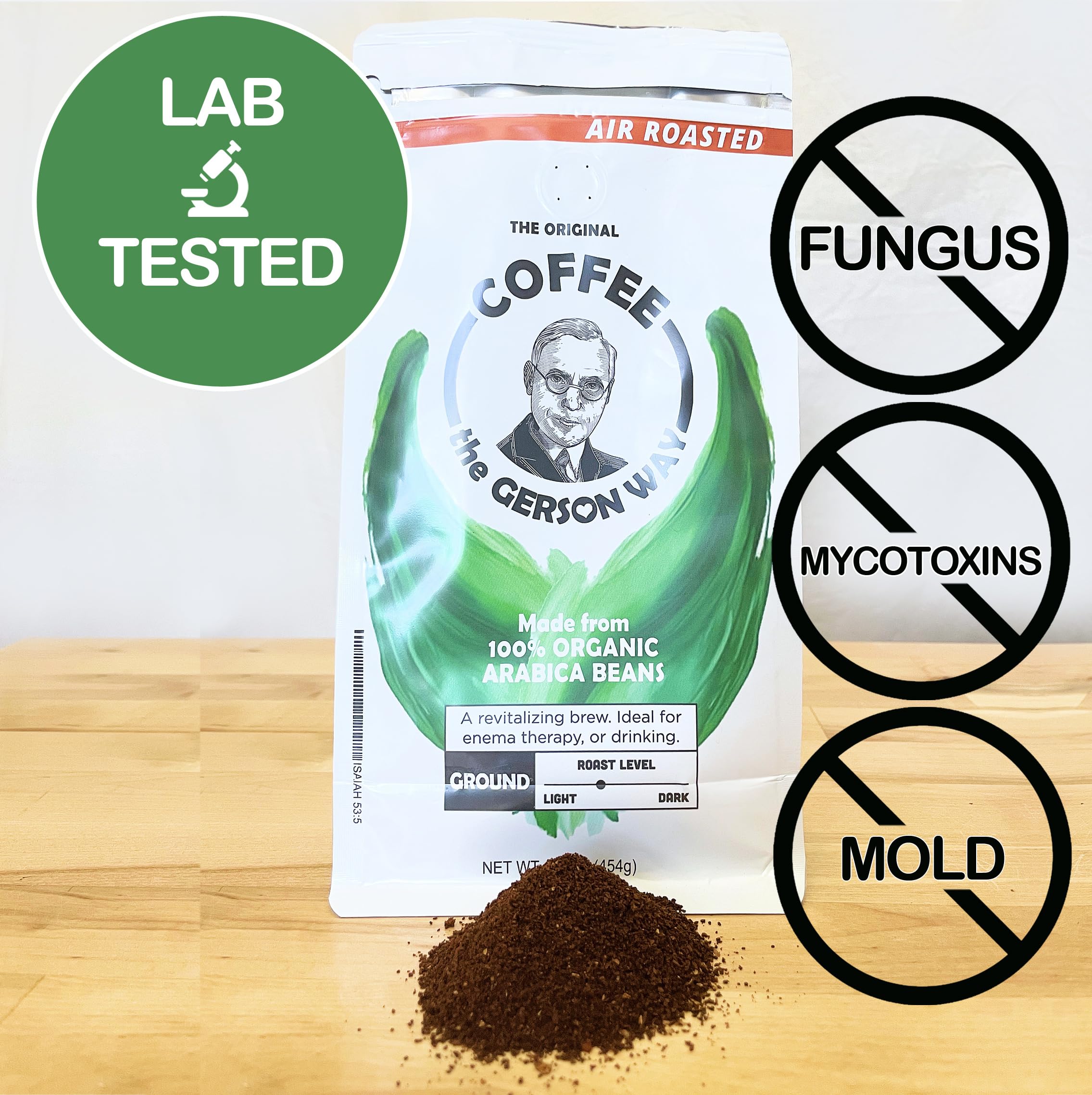 IT'S GERSON GOOD Coffee The Gerson Way air roast process reveals even color and balanced flavor