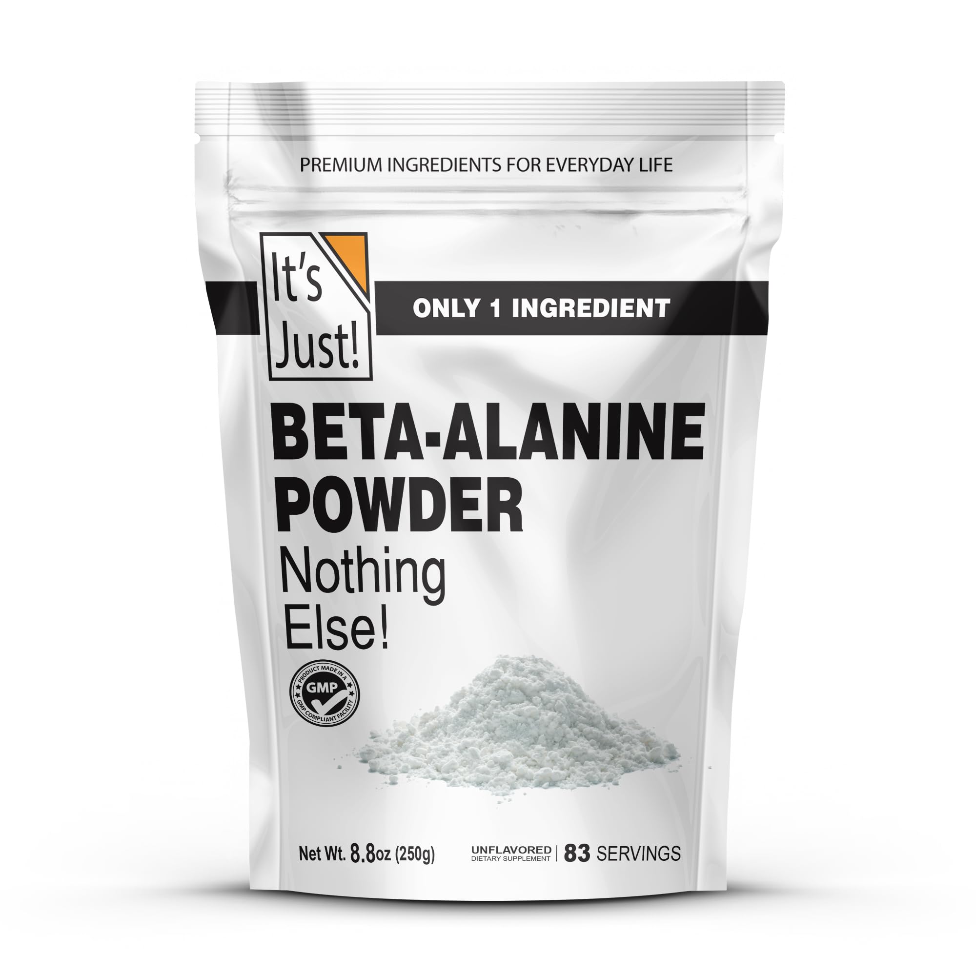 It's Just! Beta-Alanine Powder bottle emphasizes clean, unflavored formula for longer training sessions.